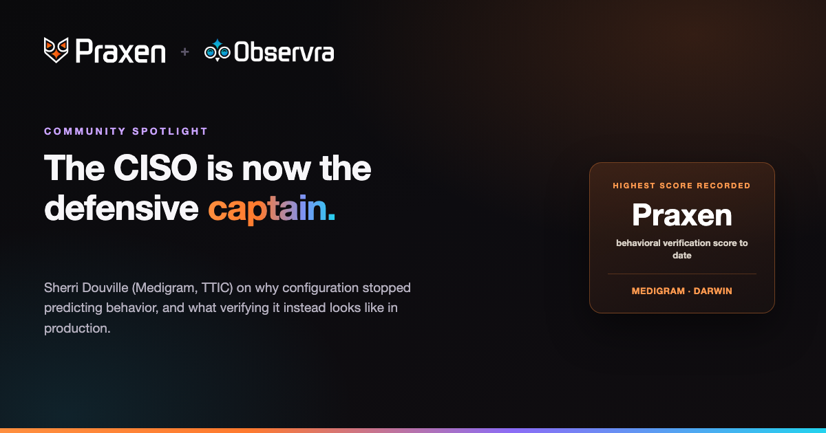 Praxen + Observra — Community Spotlight: The CISO is the defensive captain now, not the defensive coach. Medigram's Darwin posts the highest Praxen behavioral score recorded to date.