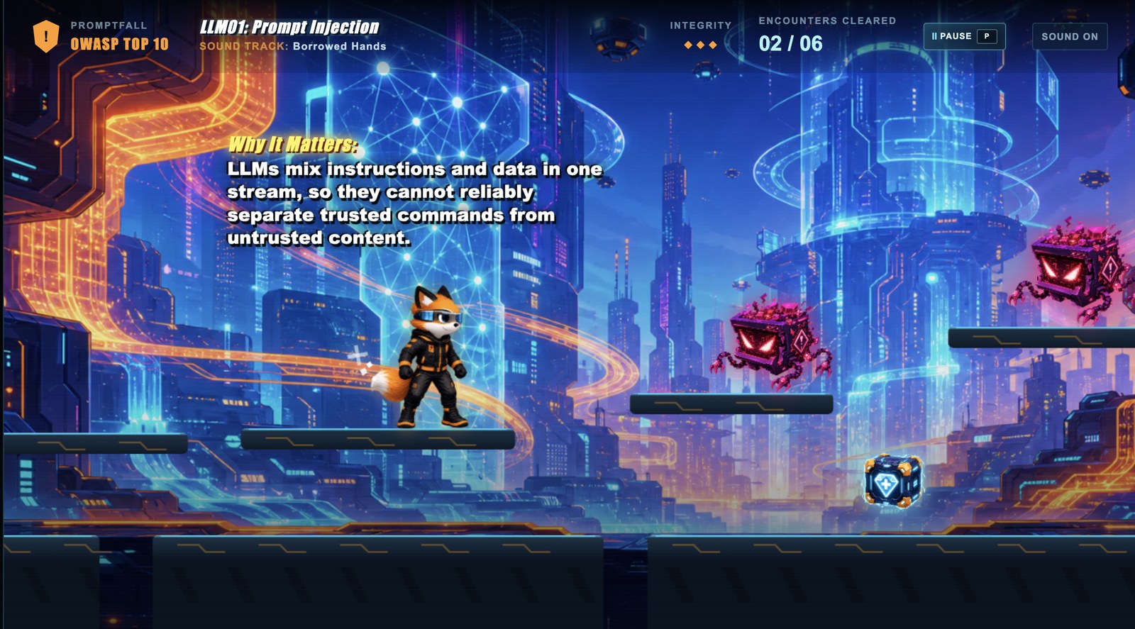 Level 1 in action: Praxi catches a "Why It Matters" lesson on Prompt Injection mid-level, with "Borrowed Hands" playing in the HUD and two threats waiting up ahead.