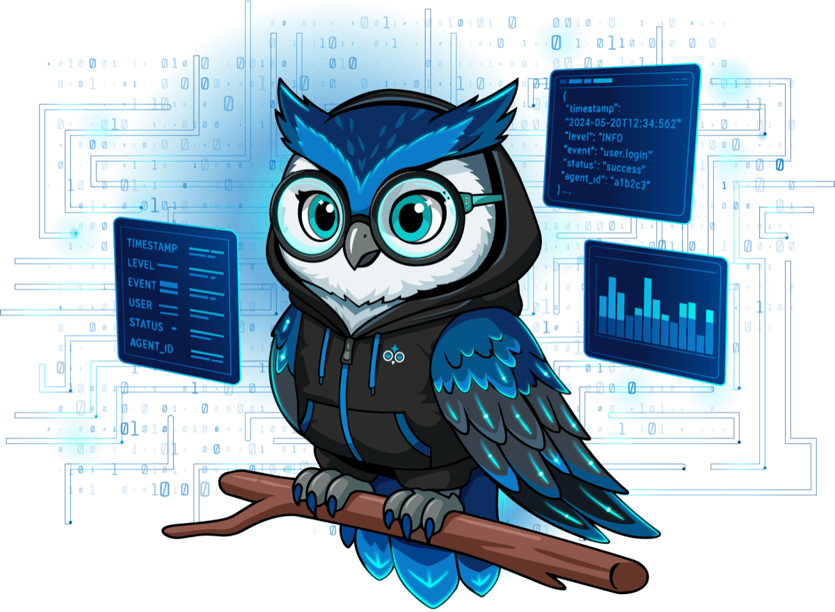 The observra owl mascot reviewing live agent-telemetry dashboards