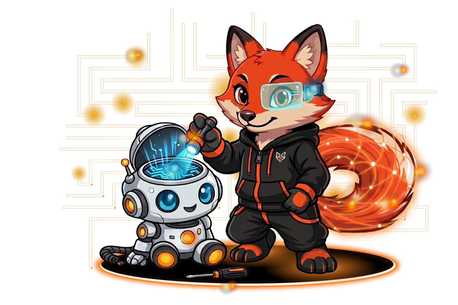 Praxy, the Praxen fox, inspecting a small robot agent