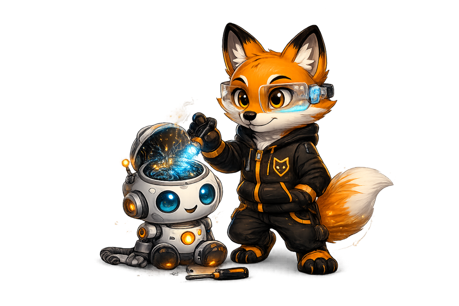 Praxy, the Praxen fox, inspecting a small robot agent