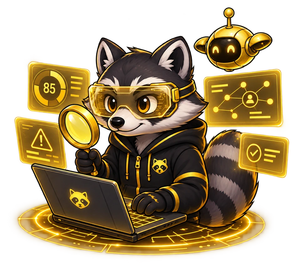Raffkin's raccoon investigator examining SOC signals with a magnifying glass